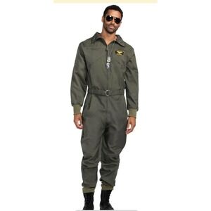 Tipsy Elves Mens Flight Suit Jumpsuit Olive Green Pilot Costume USA Patches M‎